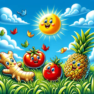 Cartoon Fruits and Vegetables on Green Grass