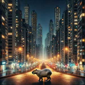 Serene Urban Cityscape at Night with Capybara