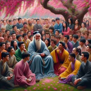 Confucius Teaching Under Tree with Diverse Group of Students