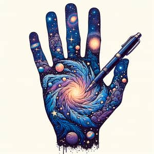 Whimsical Open Hand with Cosmic Galaxies and Pen Illustration