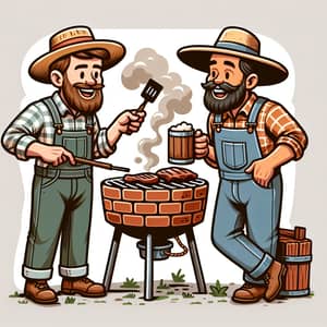 Cartoon Hillbillies Grilling Meat on Brick BBQ - Fun Moment