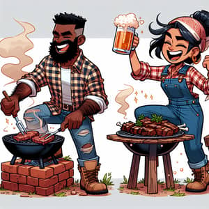 Cartoon Hillbillies Grilling Meat on Brick BBQ Pit