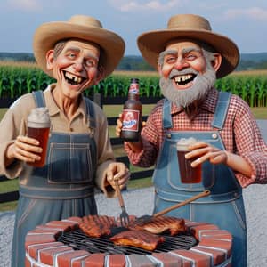 Cartoon Hillbillies Grilling Meat on Brick BBQ Pit