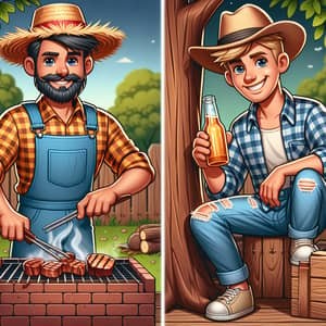 Cartoon Hillbillies Grilling Meat and Drinking Beer - Outdoor Feast Joy