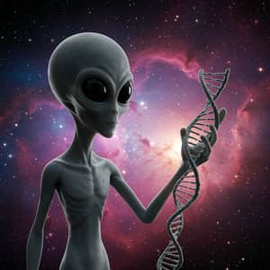 Grey Alien with DNA Strand in Colorful Universe