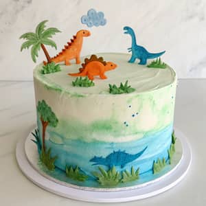 Dinosaur-Themed Watercolor Cake