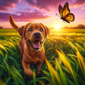 Playful Brown Labrador Retriever Frolicking in Serene Field