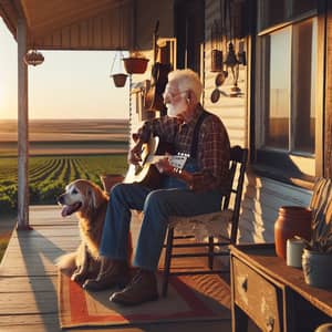 Elderly Man Playing Guitar on Rustic Farmhouse Porch
