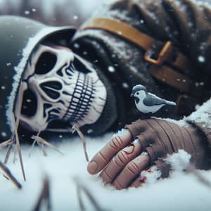 Injured Soldier Dying in Snow Field with Skull Mask - Hopeful Bird Scene