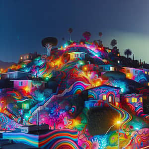 Psychedelic Hill Night Scene - Vibrant Neighborhood Colors