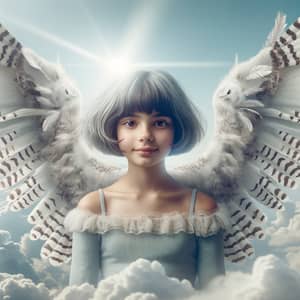 Hispanic Girl with Snowy Owl Wings in Pale Blue Sky