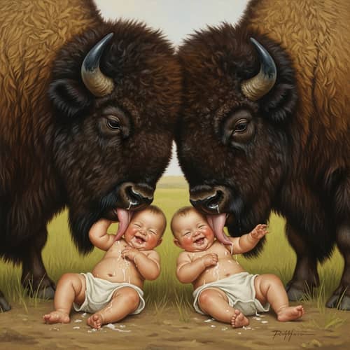 Heartwarming Family Connection in Unusual Oil Painting