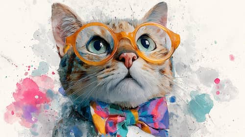 Whimsical Cat Art with Glasses & Bowtie