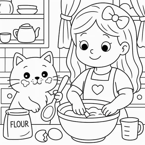Cute Cat Baking Coloring Page for Kids
