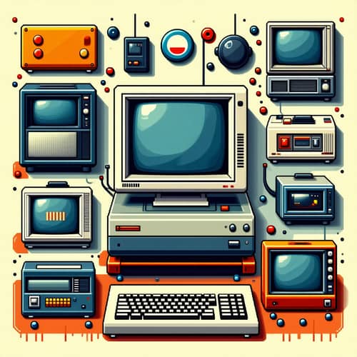 Vibrant Computer-Themed T-Shirts in Pixel Art Style