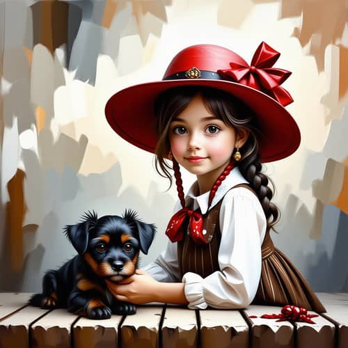 Girl with a Red Hat and a Little Black Dog