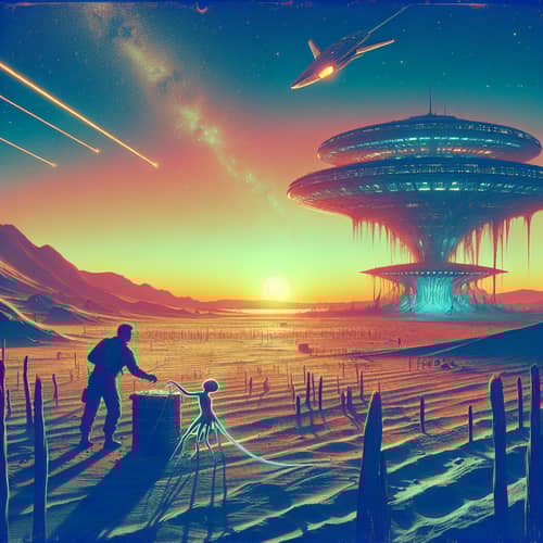 Retrofuturistic Scene: Man Catching Translucent Creature at Twilight