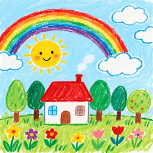 Cheerful Kids' Drawing with Sun and Rainbow Cheerful Kids' Drawing with Sun and Rainbow