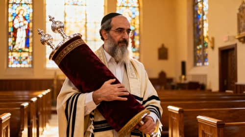 Rabbi Carrying Torah Scroll in a Synagogue Rabbi Carrying Torah Scroll in a Synagogue