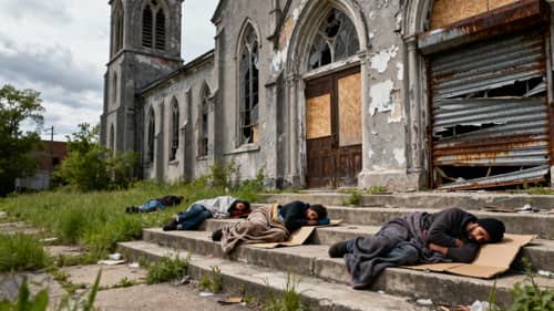 Neglected Church with Homeless Sleepers Neglected Church with Homeless Sleepers