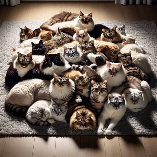 Diverse Cat Package on Plush Carpet | Playful Feline Group