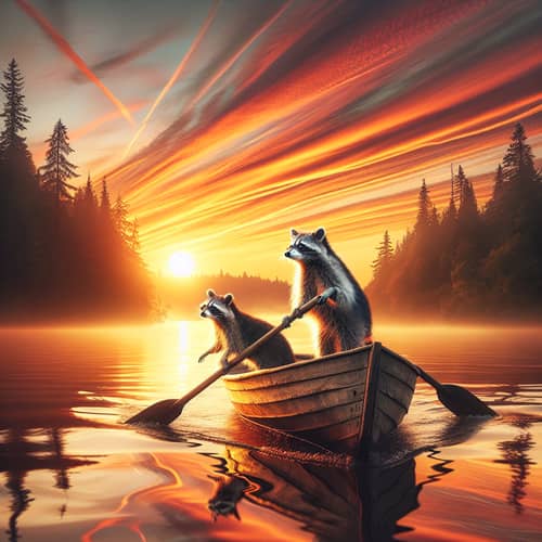 Rustic Rowing Raccoons: Tranquil Sunset on Forest Lake