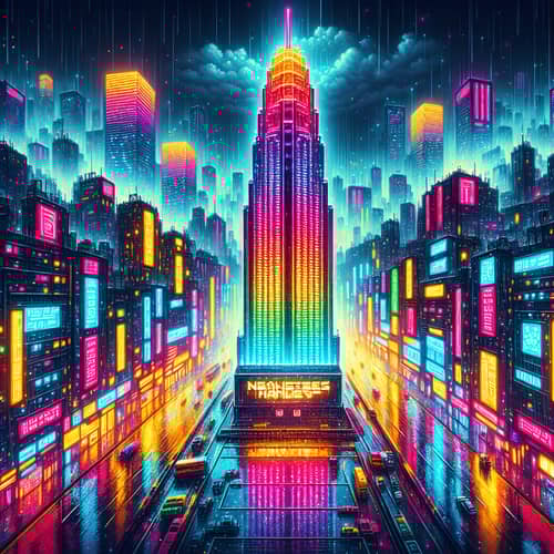 Cyberpunk City Tower with Games Haven Pixel Art