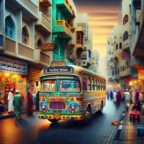 Darb al Watan Bus - Vibrant Street Scene with Cultural Decorations
