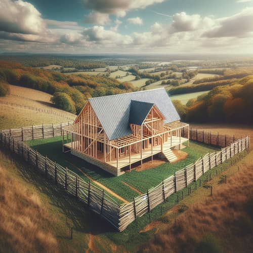 Breathtaking Aerial View of Post Frame Building Wrapped in Rustic Wooden Fence