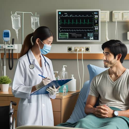 Female Doctor Examining Hispanic Patient in Hospital Room