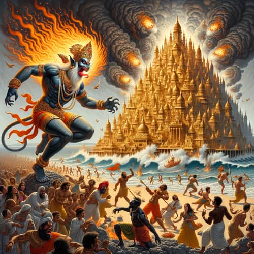 Mythological Art: Hanuman's Flaming Tail Sets Golden City Ablaze