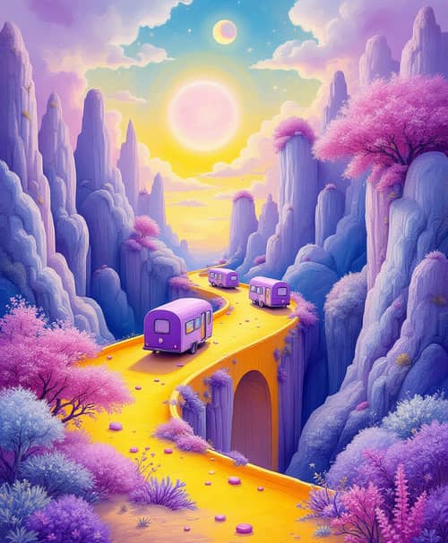 Surreal Yellow Bridge with Lilac Caravans Surreal Yellow Bridge with Lilac Caravans
