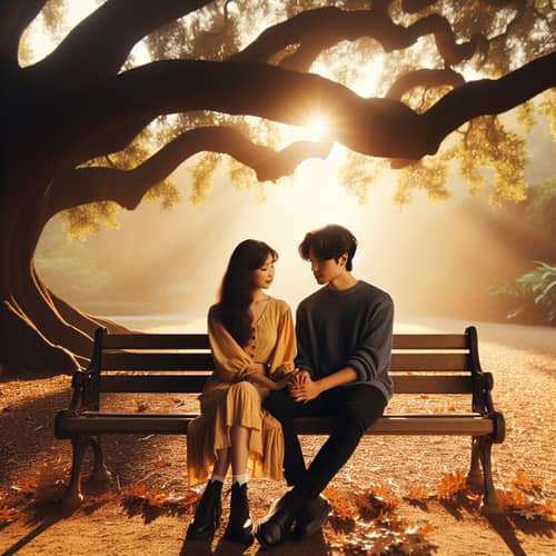 Romantic Scene of East Asian Woman & Middle Eastern Man on Park Bench