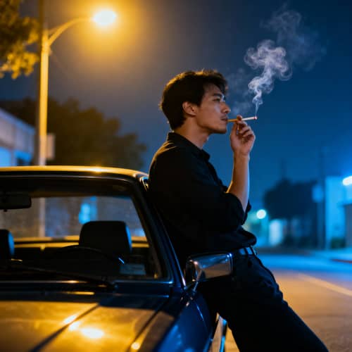 Lean on Car at Night: Cigarette & Street Light Vibes Lean on Car at Night: Cigarette & Street Light Vibes