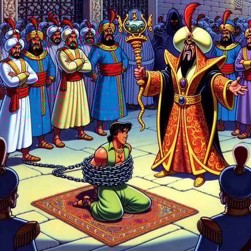 Aladdin Captured: Prince Chained and Watched by Jafar