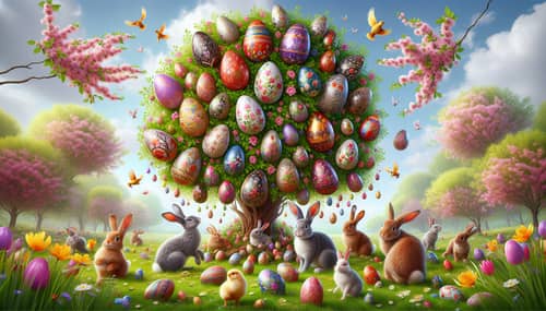 Enchanting Easter Tree with Colorful Eggs, Rabbits & Chicks
