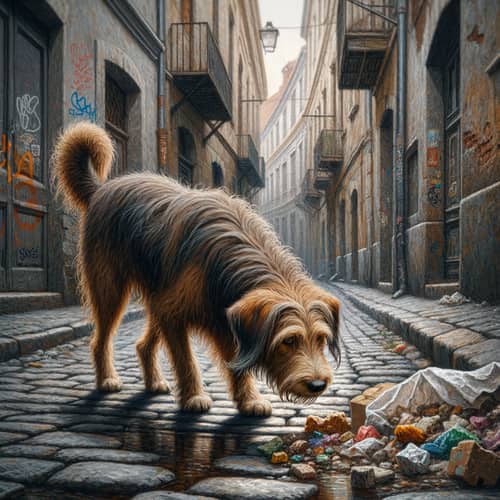 Urban Scene: Stray Dog Curiously Navigating Through Cobblestone Streets