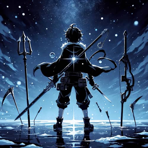 Anime Dark Silhouette Boy with Mystical Weapons Under Starlit Snowy Night