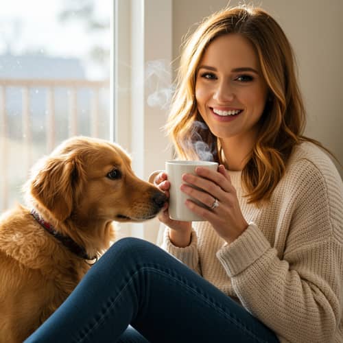 Strawberry Blonde Woman Smiling with Coffee and Dog