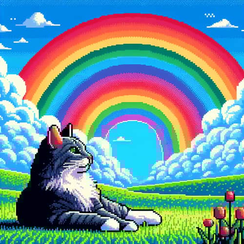 Pixelated Cat Under a Rainbow - Charming Scene