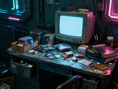 Old Futuristic Room: Disarray of CDs & Tech Old Futuristic Room: Disarray of CDs & Tech