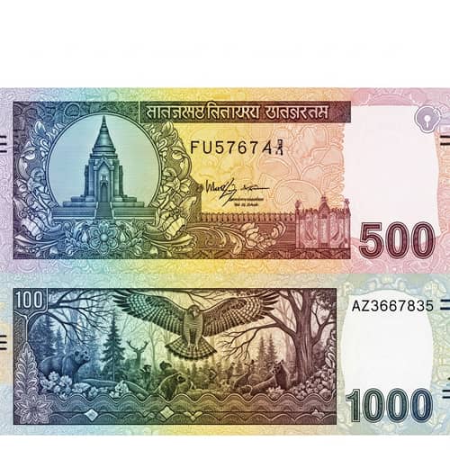 Intricate Banknote Design with Historic Monument and Wildlife Scene