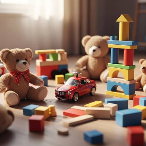 Playful Children's Toys Scene with Stuffed Animals and Wooden Blocks