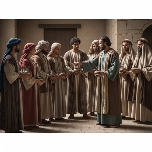 Biblical Scene with Ten Servants Holding Pounds - Luke 19:13
