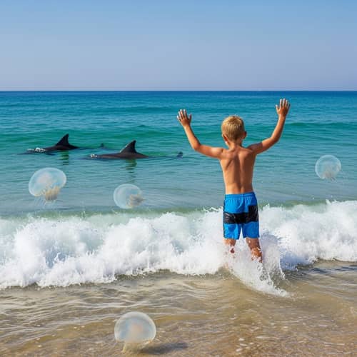 Young Slavic Boy Playing with Wave on Red Sea Shore