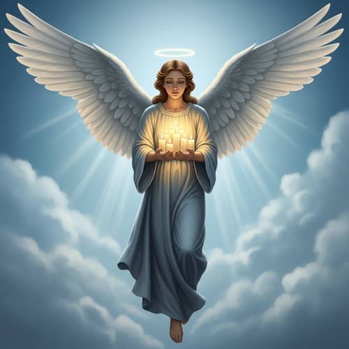 Serene Angel Soaring with Lit Candles in the Blue Sky