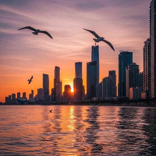 Enchanting Cityscape View at Sunset - Captivating Sky Colors