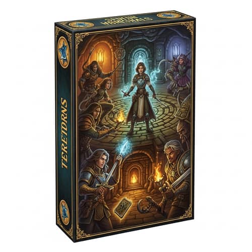 Fantasy Game Box Cover with Brave Heroes and Terrifying Creatures