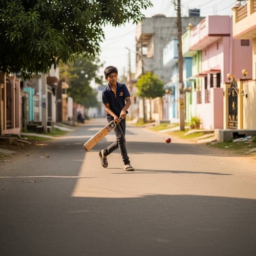 Energetic South Asian Boy Playing Cricket in Sunny Street