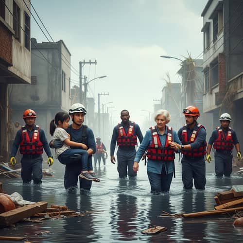 Typhoon Aftermath: Multiethnic Rescue Team Providing Aid